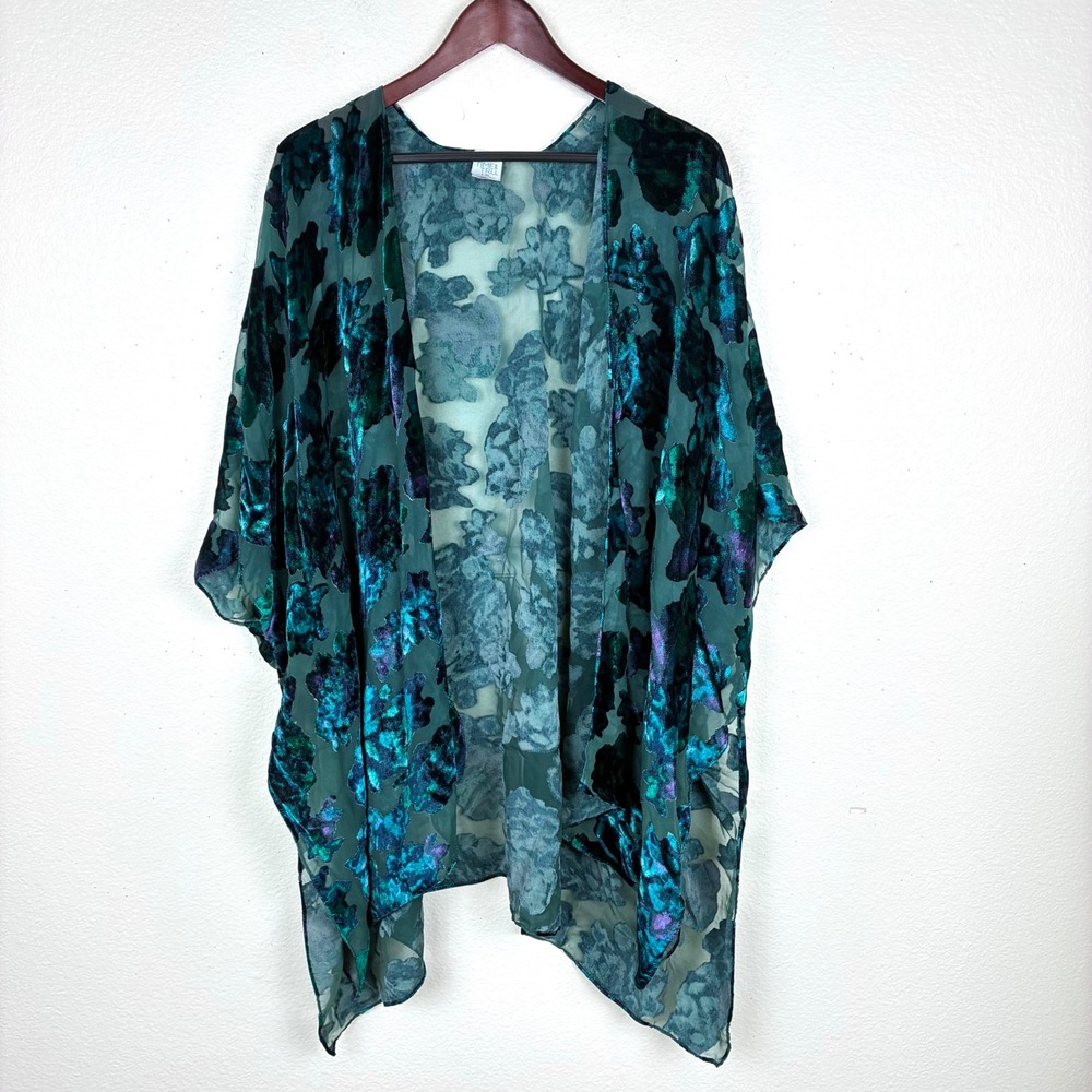 Kimono Sz XL Teal Burnout Velvet Fairy Grunge Whimsigoth Boho Festival Cover Up
